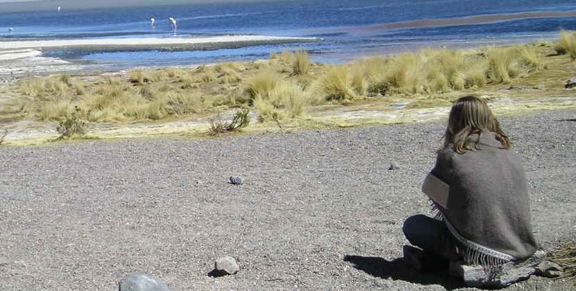 Zoutmeren in Bolivia Een vrouw zit op een strand van een zoutmeer in Bolivia