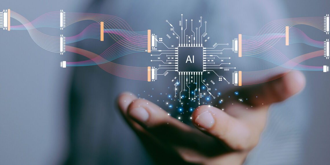 AI Hand van man die een virtuele representatie van AI met zijn hand aanraakt