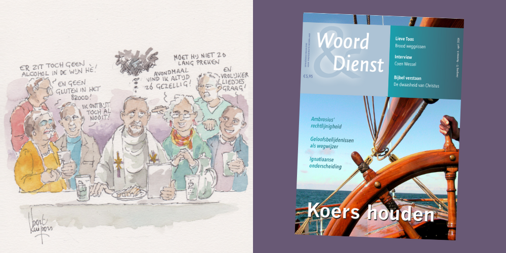 Aan de linkerkant is een illustratie van het avondmaal te zien. Aan de rechterkant is de cover van Woord en Dienst nummer 4 te zien.