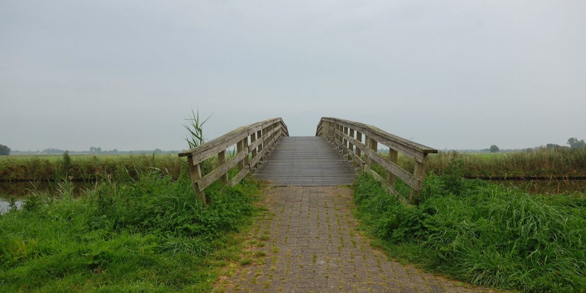 Brug Houten brug over een rivier tussen weilanden