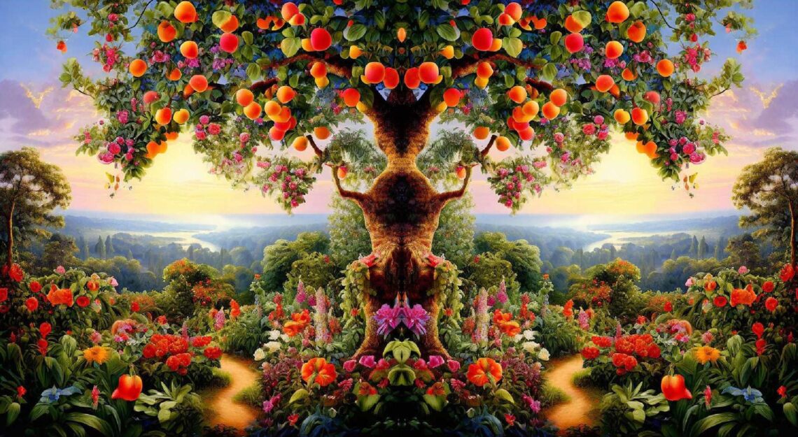 Een boom met vruchten in een tuin