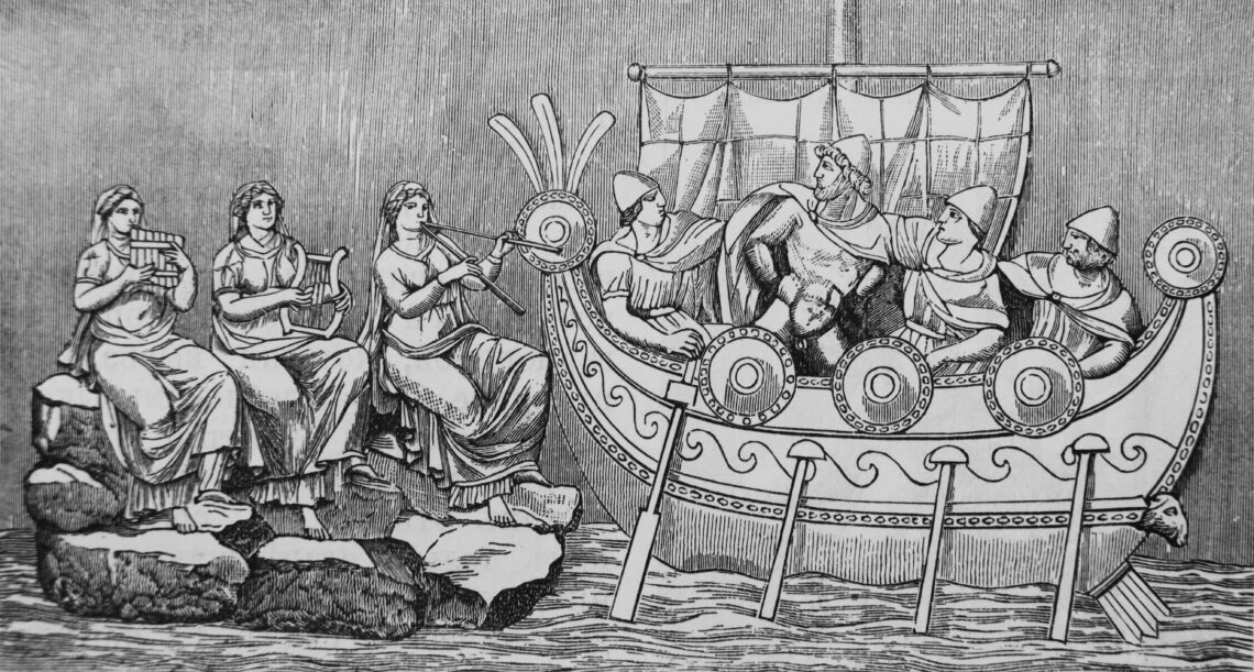 Odysseus die de Sirenen passeert. Tekening van Odysseus die de Sirenen passeert