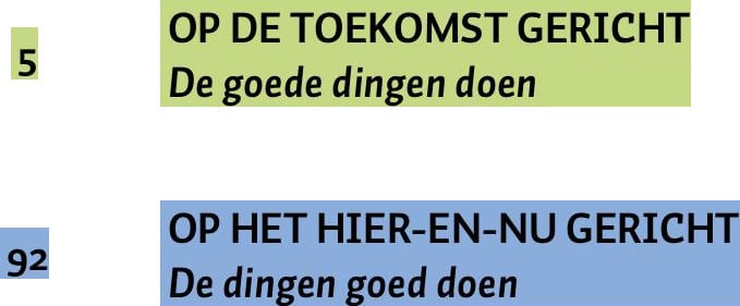 Een groene balk boven met '5, Op de toekomst gericht, de goede dingen doen'. En daaronder een blauwe balk met '92, Op het hier-en-nu gericht, de dingen goed doen'
