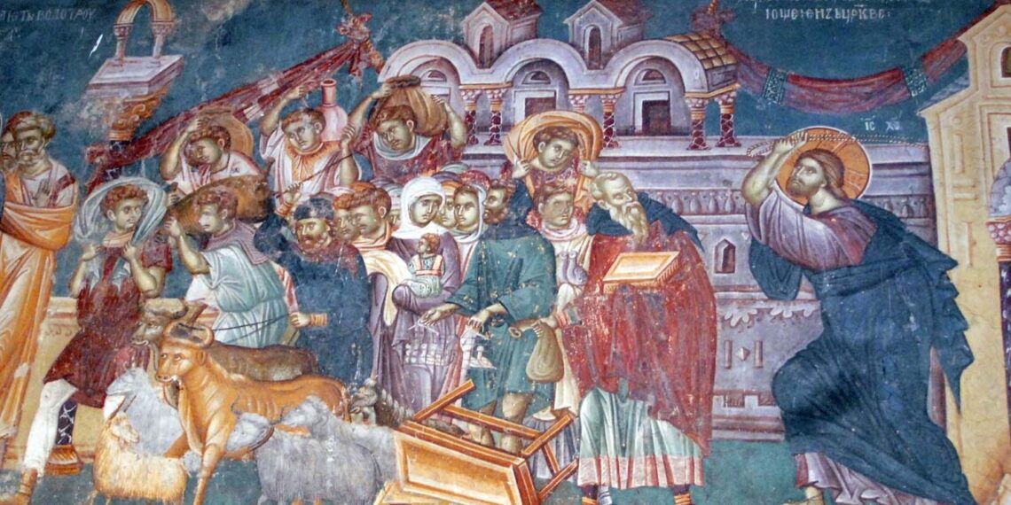 ‘Christus verjaagt de geldwisselaars uit de tempel’ ‘Christus verjaagt de geldwisselaars uit de tempel’. Muurschildering, kerk van St. Nicetas, Banjani, Macedonië