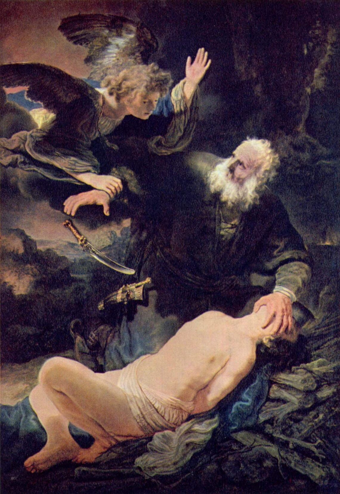 In Genesis 22 verhindert een engel dat Abraham zijn zoon Isaac offert, Rembrandt van Rijn (1635)