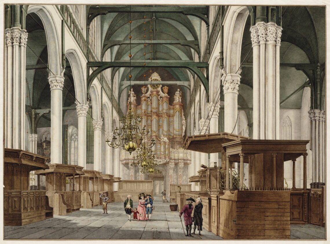 Het interieur van de Oude Kerk in Amsterdam in de achttiende eeuw door Herman Schouten