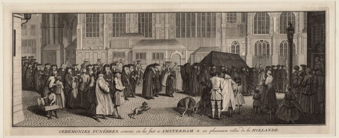 Begrafenisstoet langs de Nieuwe Kerk van Amsterdam in de achttiende eeuw door Bernard Picart