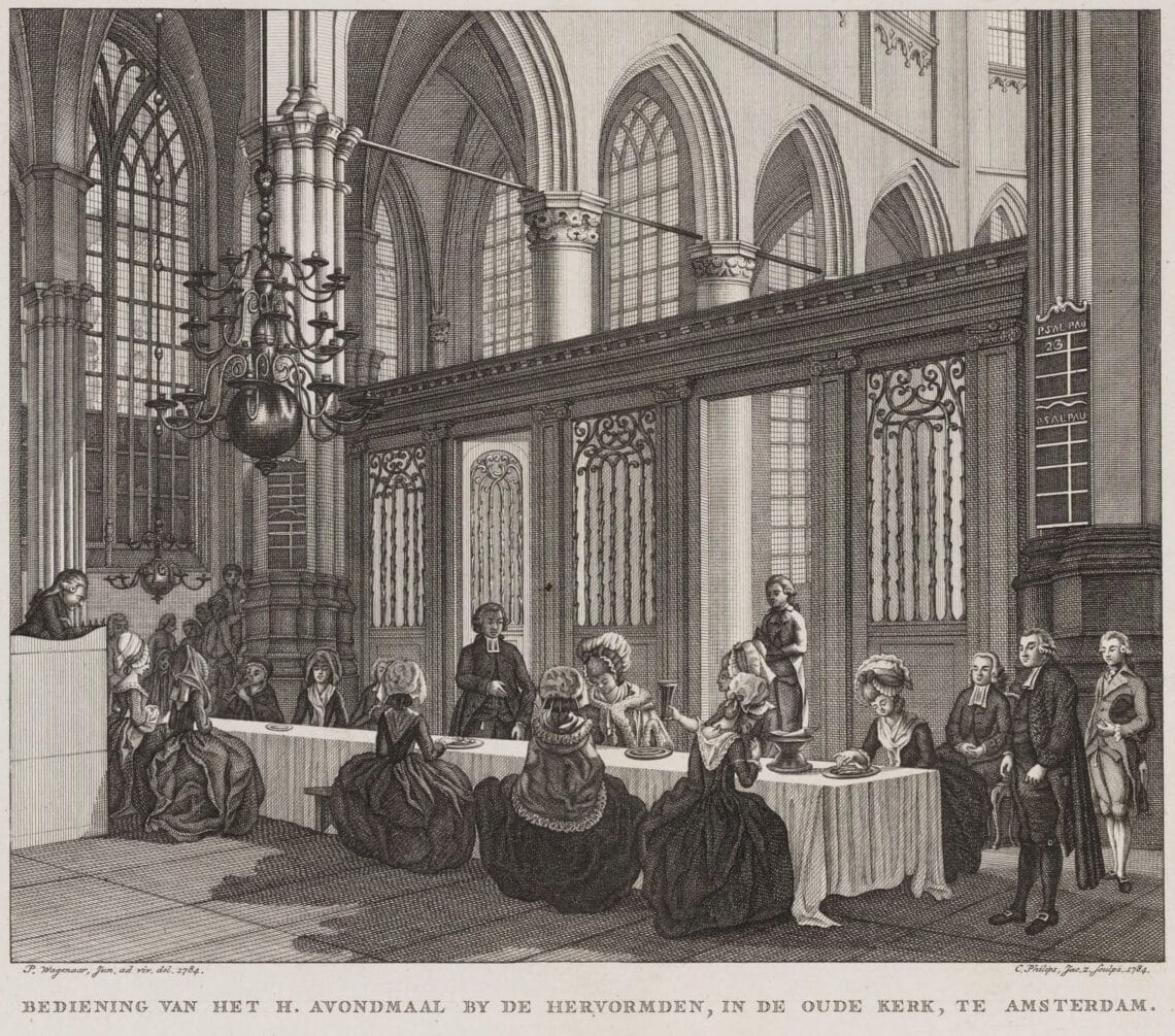 Viering van het avondmaal voor het koorhek in de Oude Kerk van Amsterdam in de achttiende eeuw