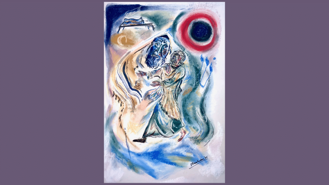 Beroerja en het geleend goed. Pastel en India inkt op papier, 60x42 cm, 2025
