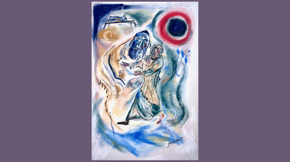 Beroerja en het geleend goed. Pastel en India inkt op papier, 60x42 cm, 2025