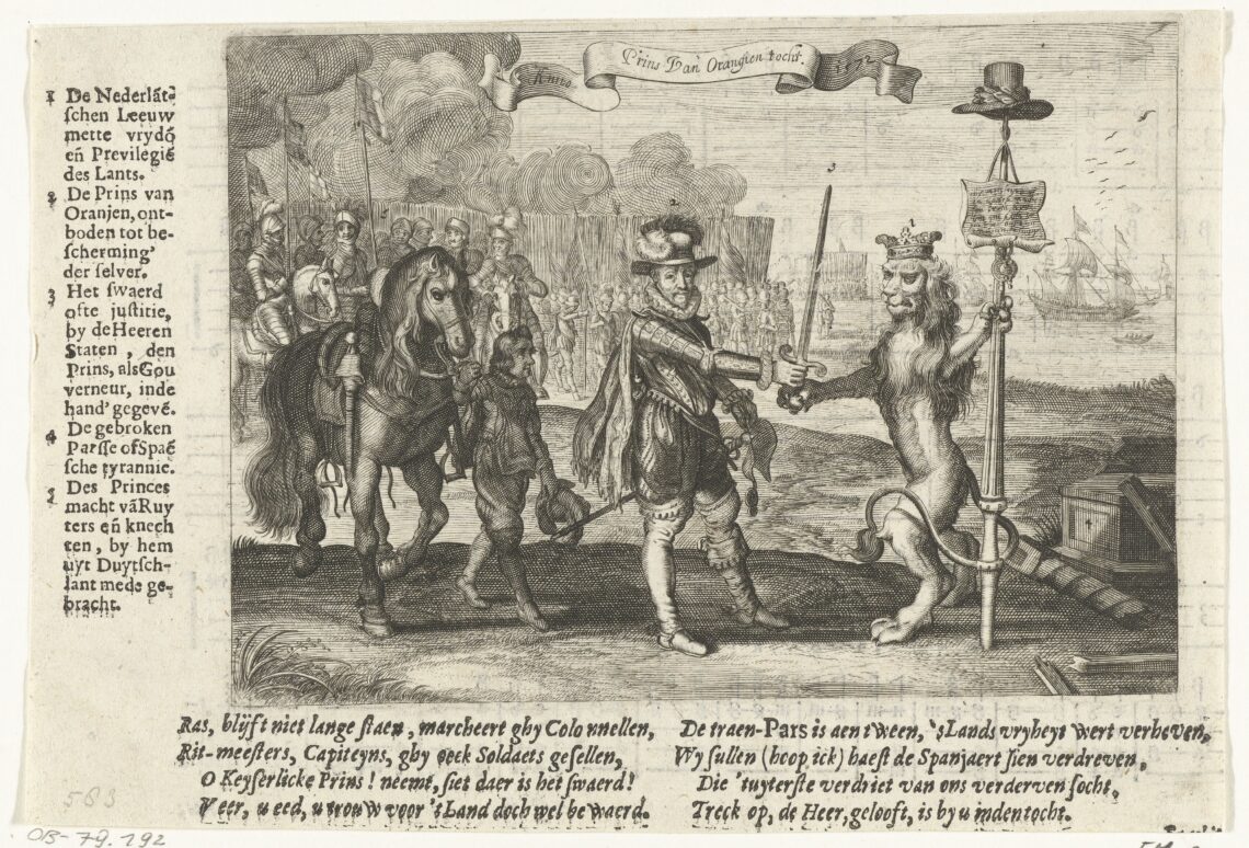 Nederlandse leeuw overhandigt zwaard aan Willem van Oranje, jaar 1572.