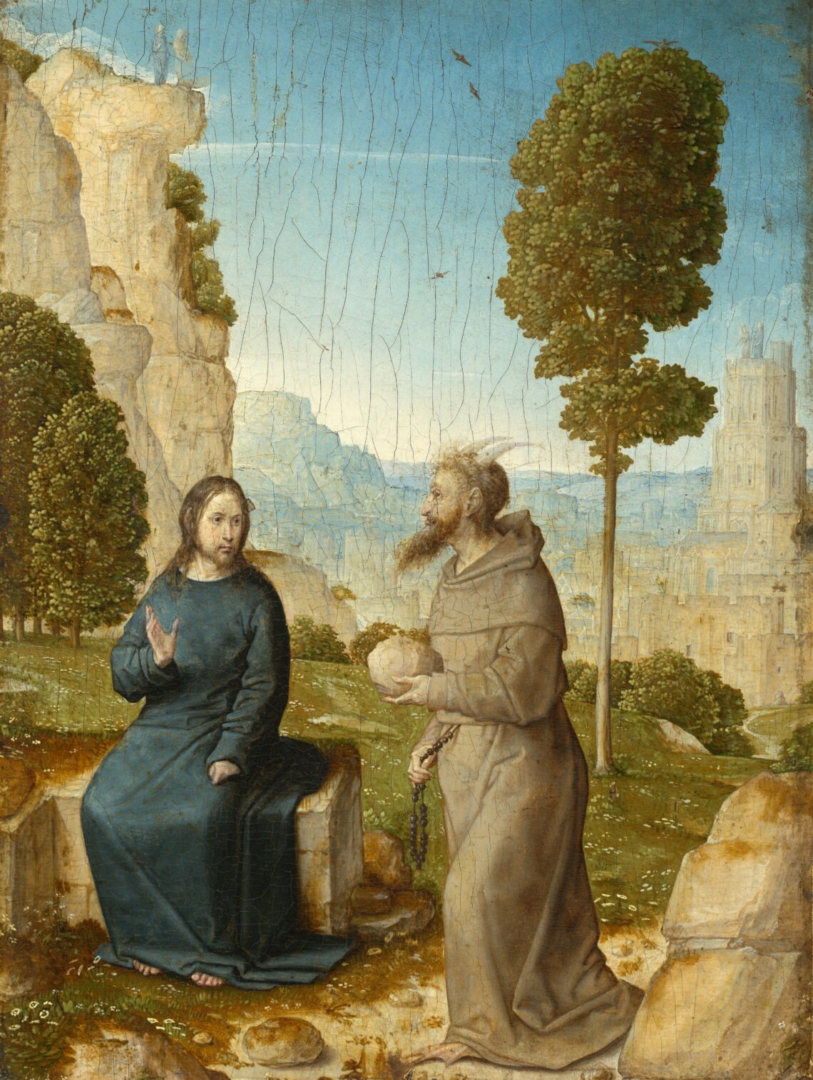 De verleiding van Jezus Christus in de wildernis, schilderij van Juan de Flandes