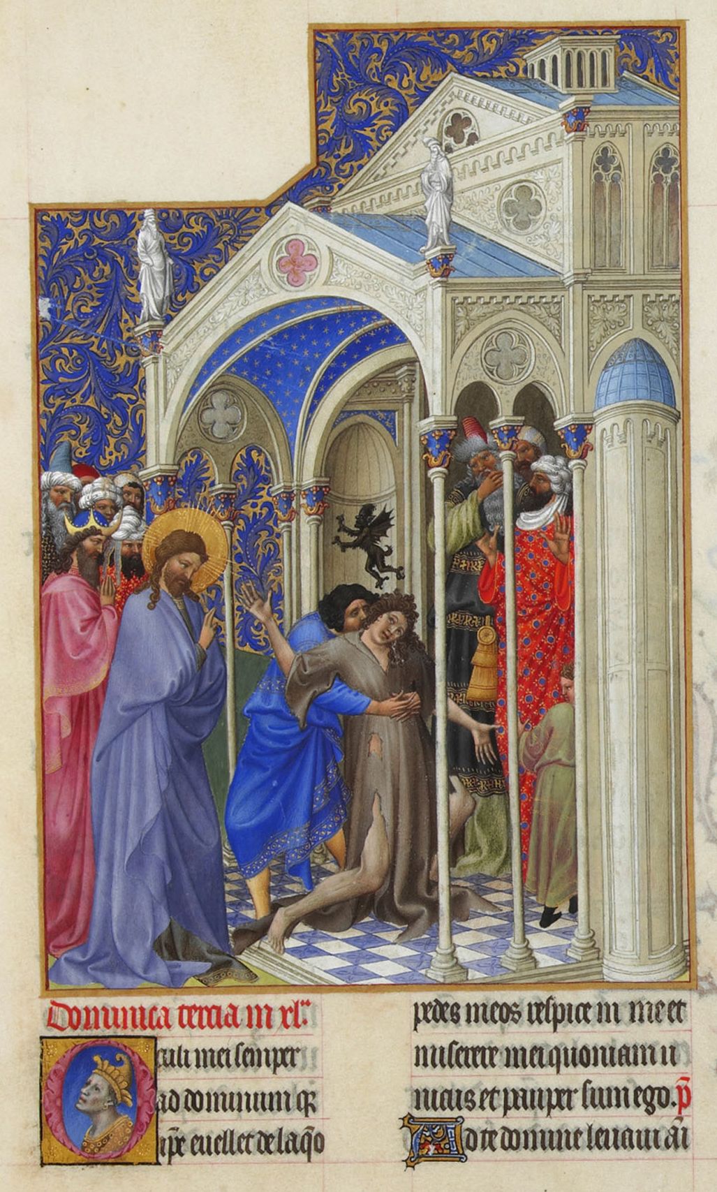 Een bezeten jongen, Les Très Riches Heures du Duc de Berry, Folio 166r, uit de collectie L'exorcisme van Musée Condé, Chantilly, Frankrijk
