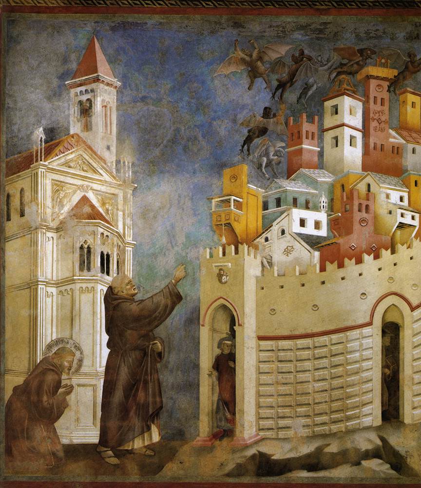 Sint Franciscus die duivels uitdrijft in Arezzo. Schilderij van Giotto