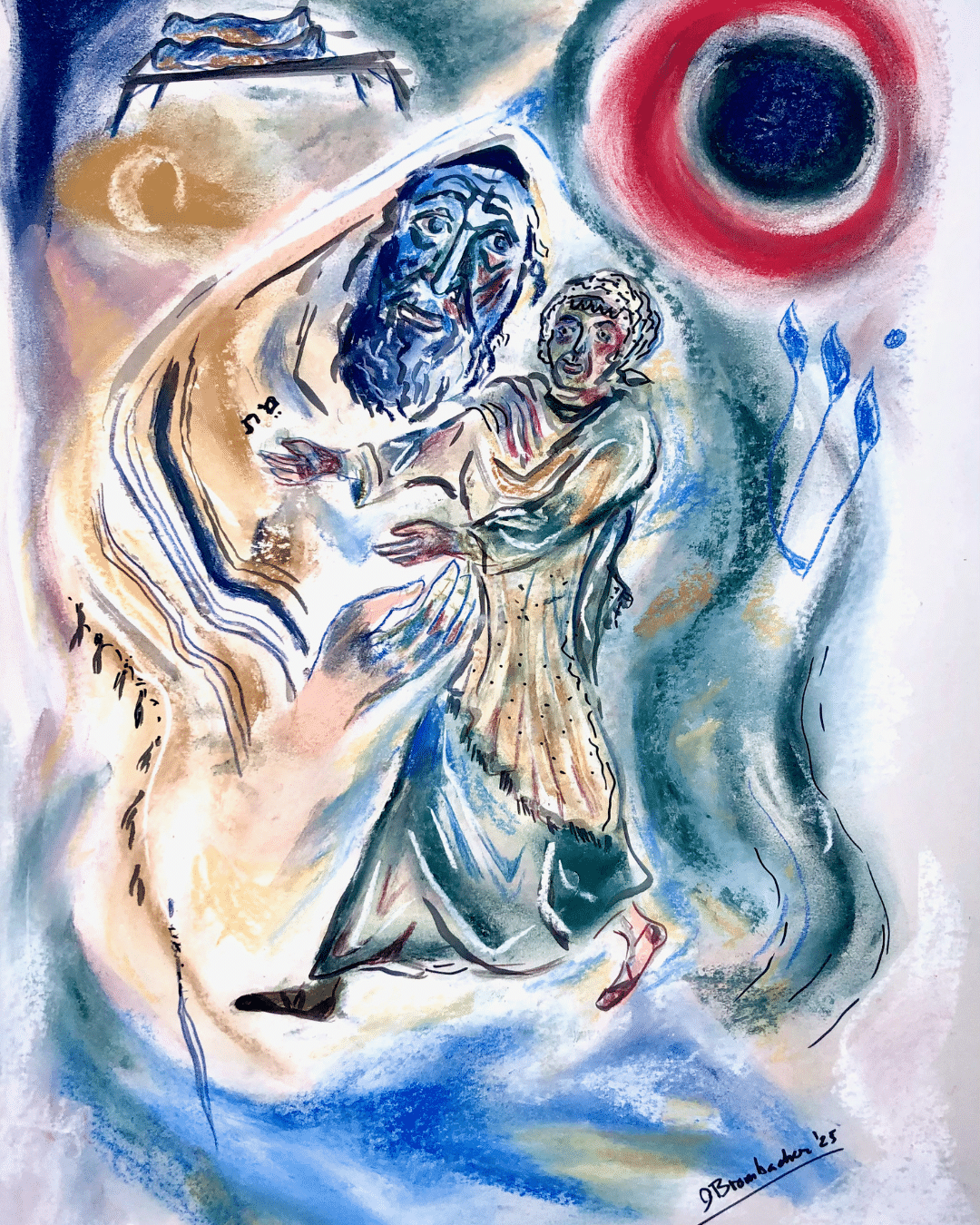 Beroerja en het geleend goed, door Shoshannah Brombacher. Pastel en India inkt op papier, 60x42 cm, 2025. 