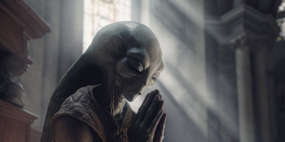 Alien die aan het bidden is in de kerk
