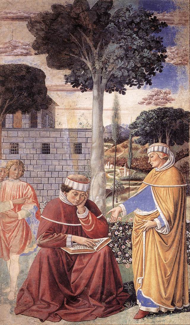 Augustinus leest uit de Romeinenbrief (1464/1465), fresco van Benozzo Gozzoli, Sant'Agostino-kerk in San Gimignano, Italië