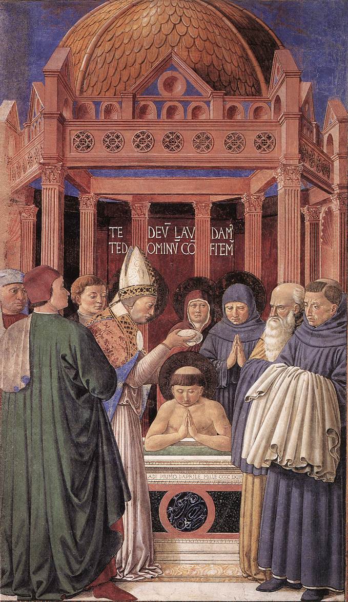 Ambrosius doopt Augustinus (1464/1465), fresco van Benozzo Gozzoli, Sant'Agostino-kerk in San Gimignano, Italië