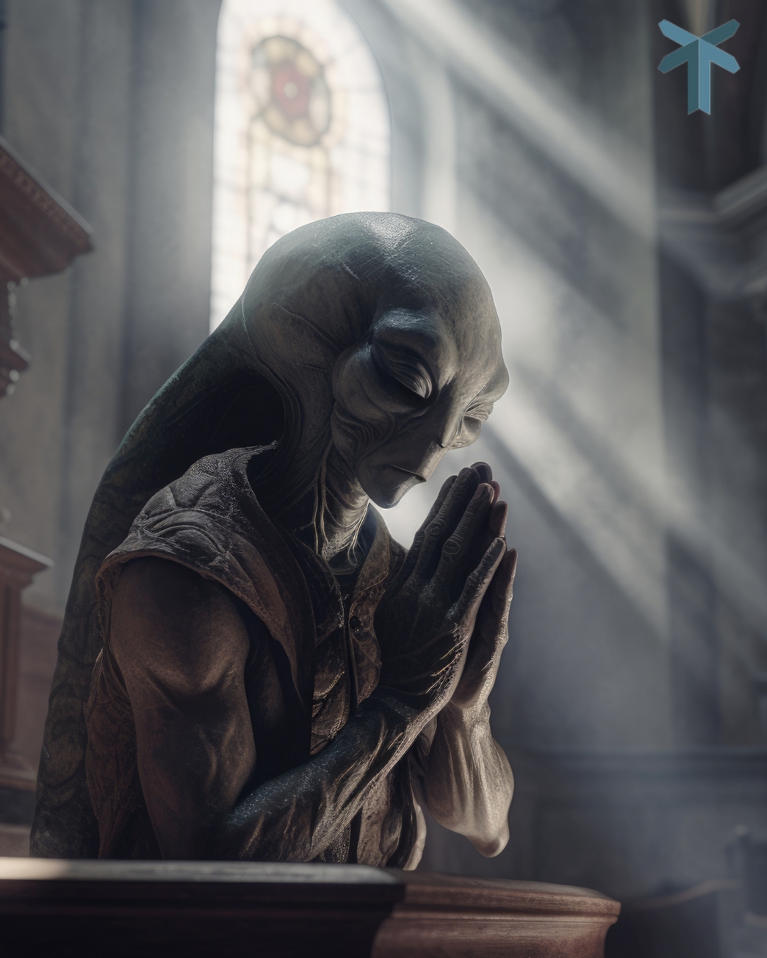 Alien die aan het bidden is in de kerk