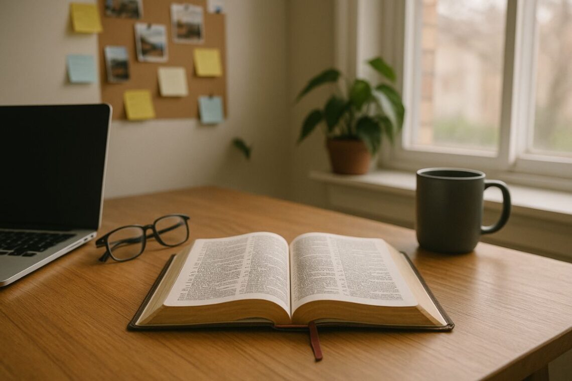 Open bijbel op een tafel met moderne gebruiksvoorwerpen, als symbool voor de blijvende relevantie van de bijbel in het dagelijks leven.