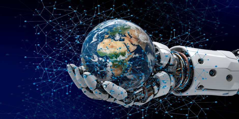 Robot hand die een aardbol vasthoudt