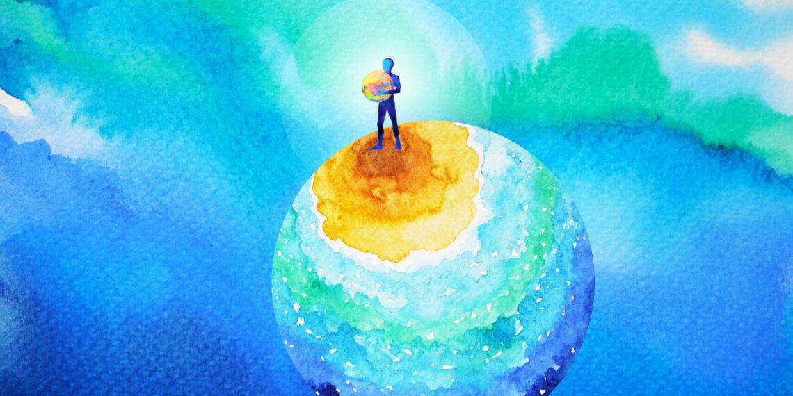 Aquarel van een mens die op een aardbol staat met in zijn handen nog een aardbol