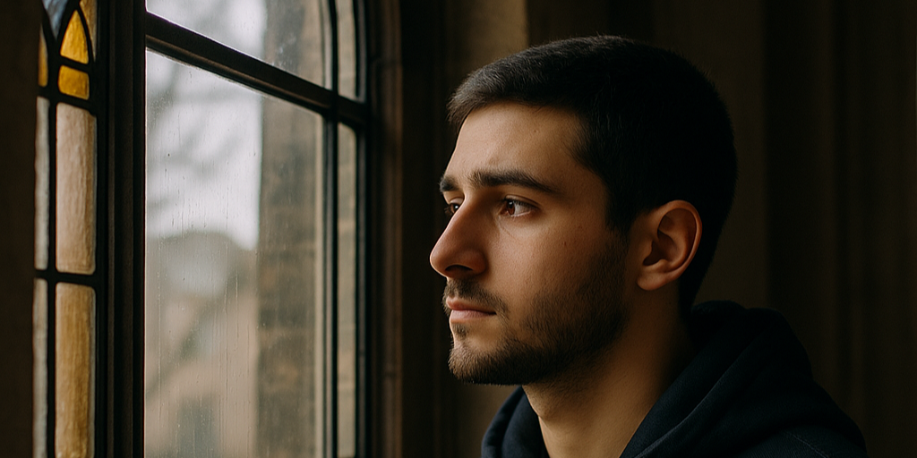 Man die uit het raam kijkt