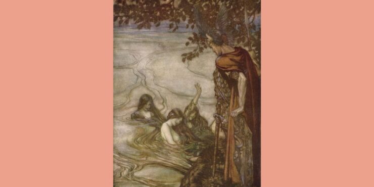 Schilderij Rijnmaagden waarschuwen Siegfried. Door Arthur Rackham. Gepubliceerd in 1912.