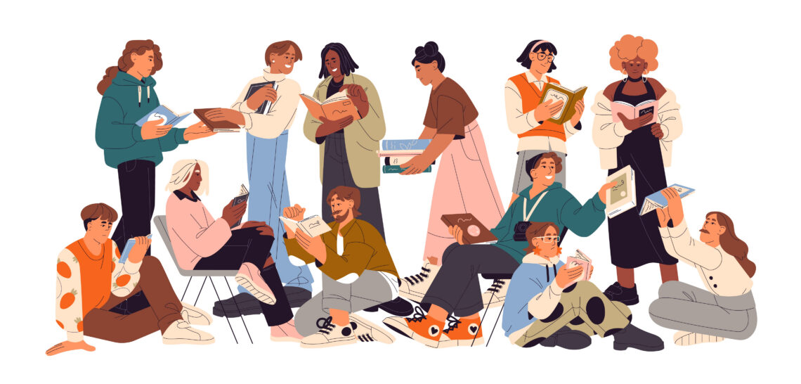 Groep mensen die allemaal een boek aan het lezen zijn