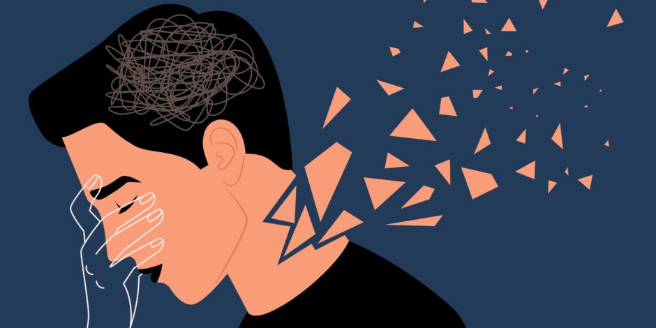 Illustratie van een persoon die zijn gezicht vasthoudt uit stress, met chaotische lijnen in het hoofd en wegvliegende fragmenten die mentale druk en emotionele overbelasting symboliseren.