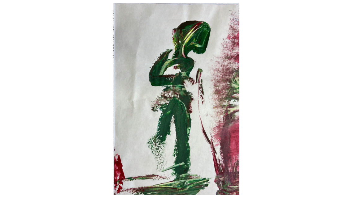 Illustratie Pelgrim. Gudrun Schneider. Akryl op papier. 2024.