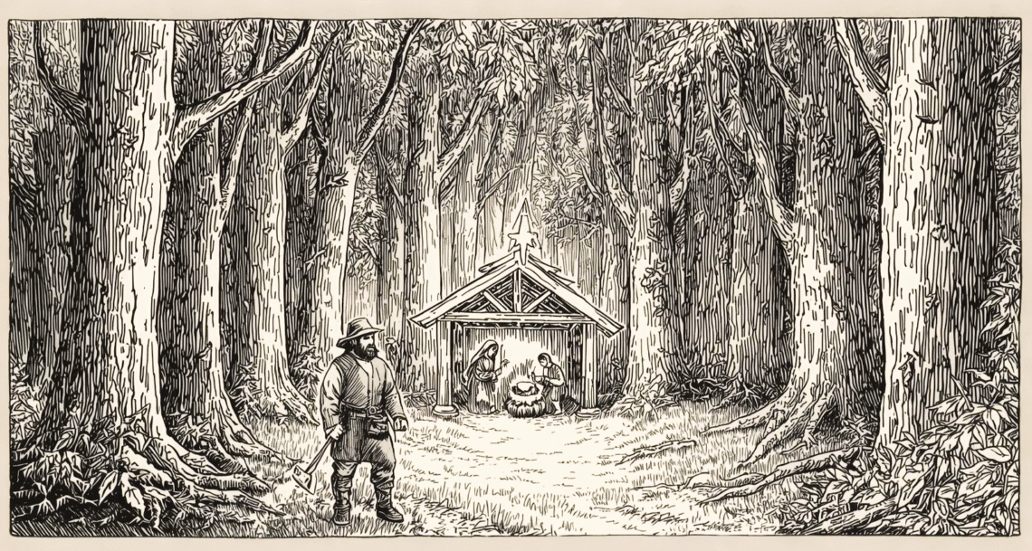 Illustratie van een houthakker in het bos met achter hem de kerststal met Jozef en Maria en het kindje Jezus
