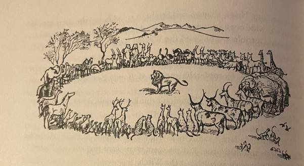 Aslan die de uitverkoren dieren aanspreekt. Tekening van Pauline Baynes