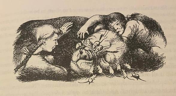 Lucy and Susan die Aslan opzoeken na zijn offer. Tekening van Pauline Baynes