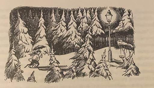 Lucy tijdens haar eerste bezoek aan Narnia. Tekening van Pauline Baynes.