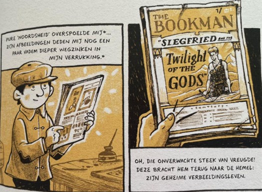 Illustratie uit The Mythmakers: Lewis die als kind een āsteek van vreugdeā krijgt na het zien van een illustratie van Arthur Rackham over Richard Wagners opera Die Ring des Nibelungen.