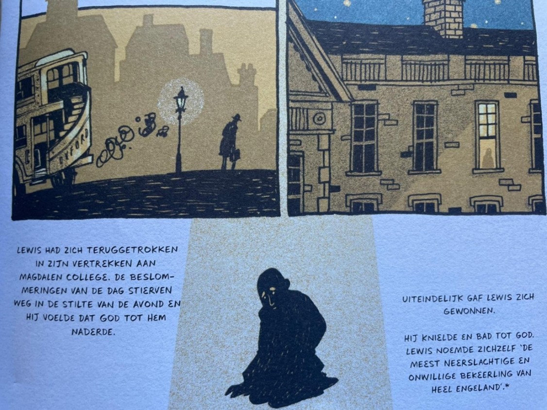 Illustratie uit The Mythmakers: C.S. Lewis die zich gewonnen geeft aan God