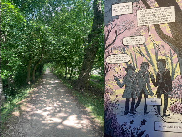 Links: Addisonās Walk, Oxford (foto van ondergetekende). Rechts: Hendrixā tekening van het beslissende gesprek tussen Lewis, Tolkien en Dyson