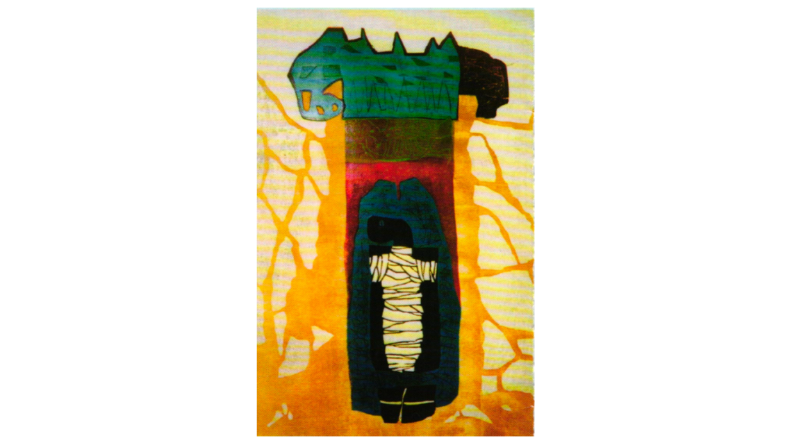 Een houtsnede uit 1999 van Willy van der Duyn met als titel Geen droom bakert je in windselen.