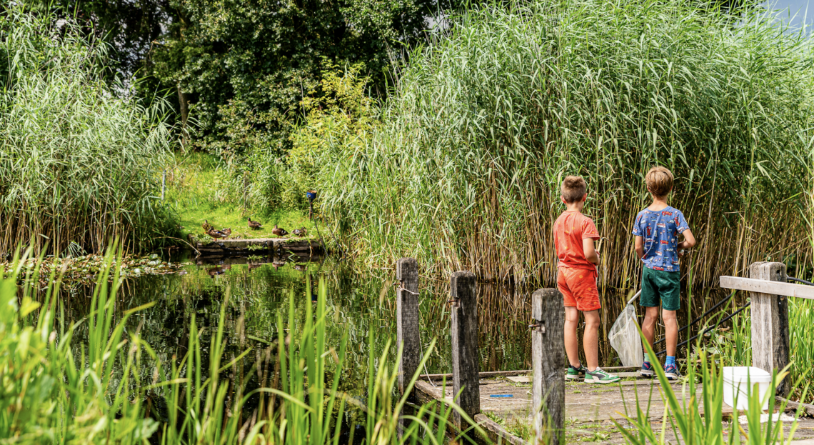 Twee kinderen die op een steiger staan