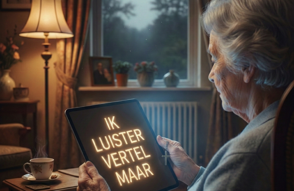 Oude vrouw die in de huiskamer zit met een tablet op haar schoot met 'Ik luister vertel maar'