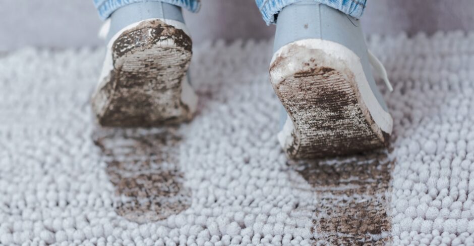 Modderige voetafdrukken in tapijt