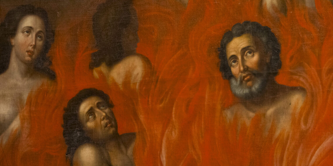 Cathedral Saint Gervais et Saint Protais - Lectoure, France - 05-01-2025: Painting (19th century) of Souls in purgatory fire waiting for the salvation of their souls.