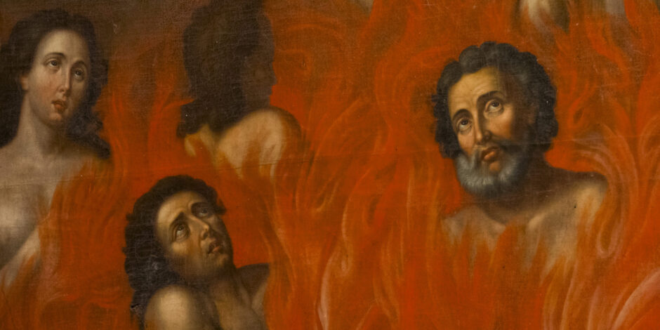 Cathedral Saint Gervais et Saint Protais - Lectoure, France - 05-01-2025: Painting (19th century) of Souls in purgatory fire waiting for the salvation of their souls.