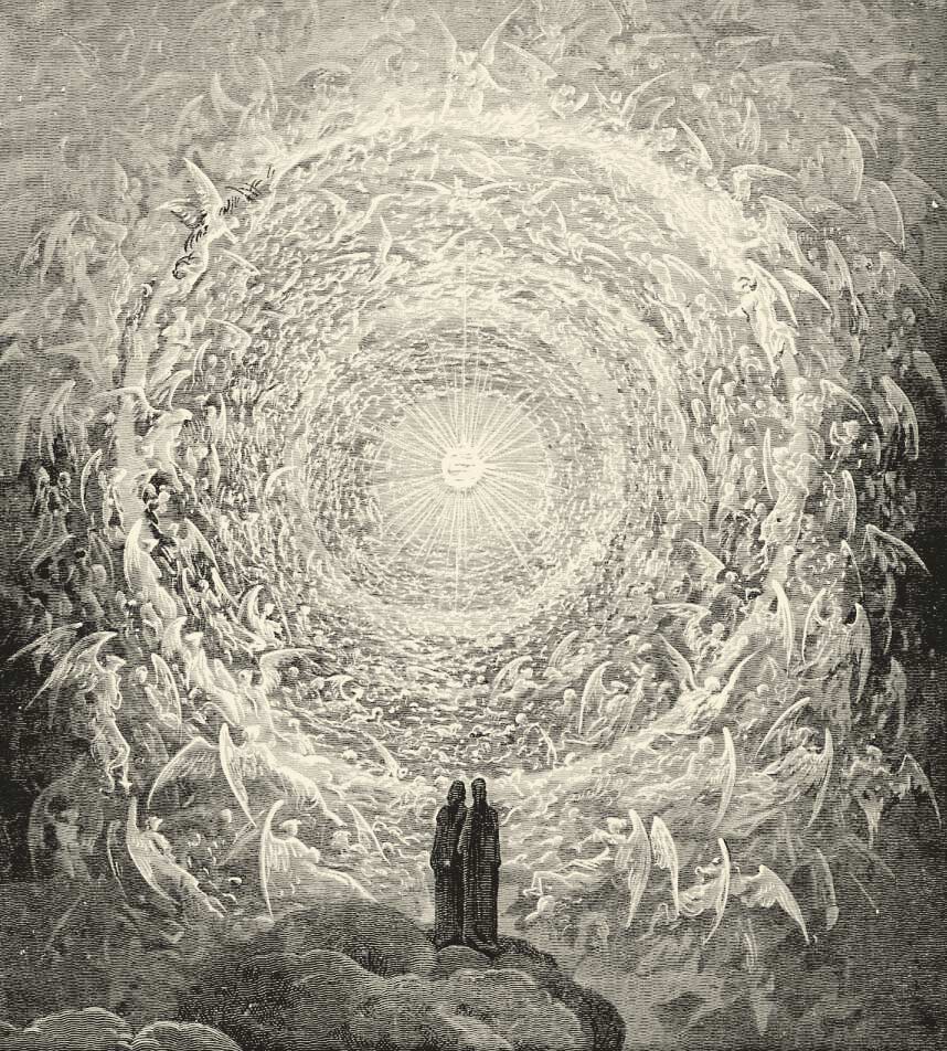 Dante en Beatrice kijken neer op de hoogste hemel, het Empyreum. Bron: Gustav Doré (kunstenaar)