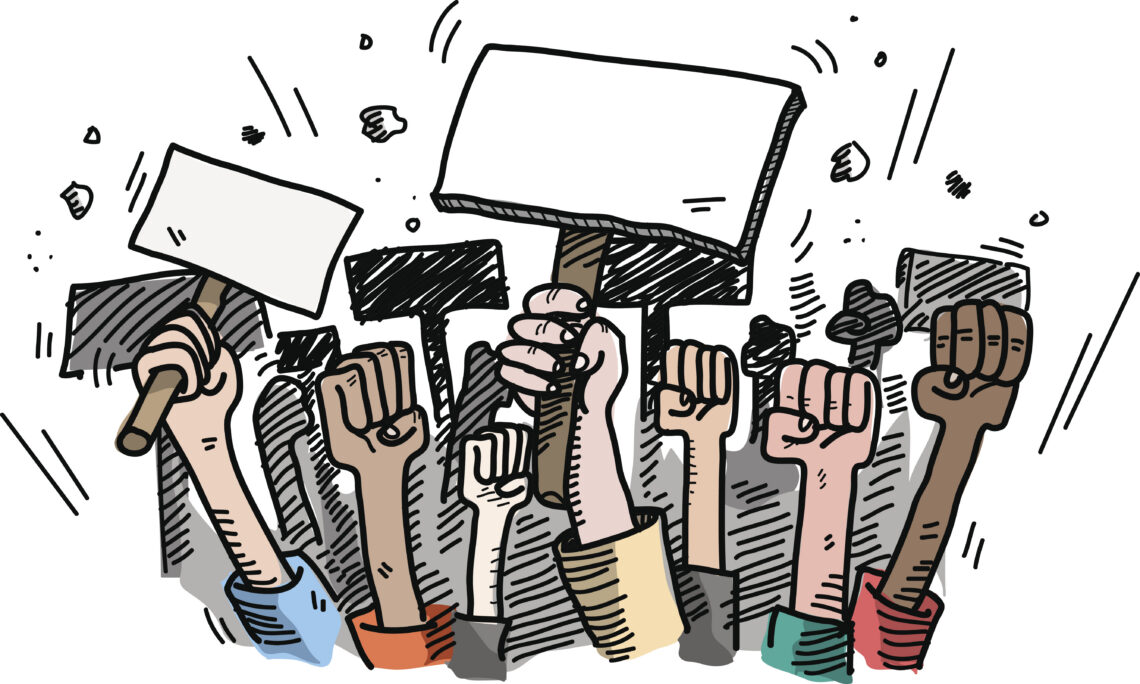 Tekening van gebalde vuisten en protestborden