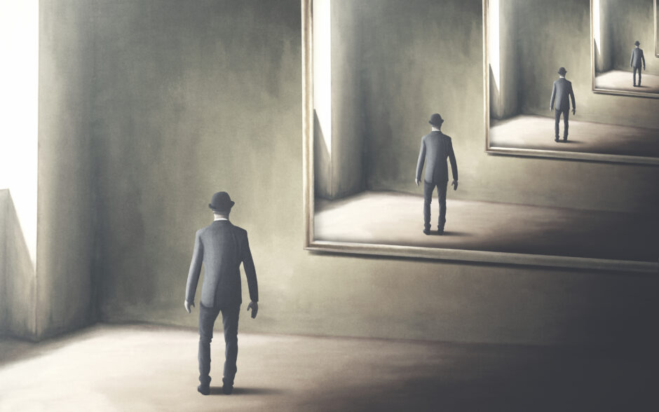 illustration of man reflecting himself in the mirror, loop surreal concept