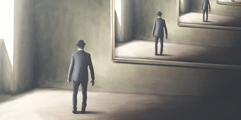 illustration of man reflecting himself in the mirror, loop surreal concept