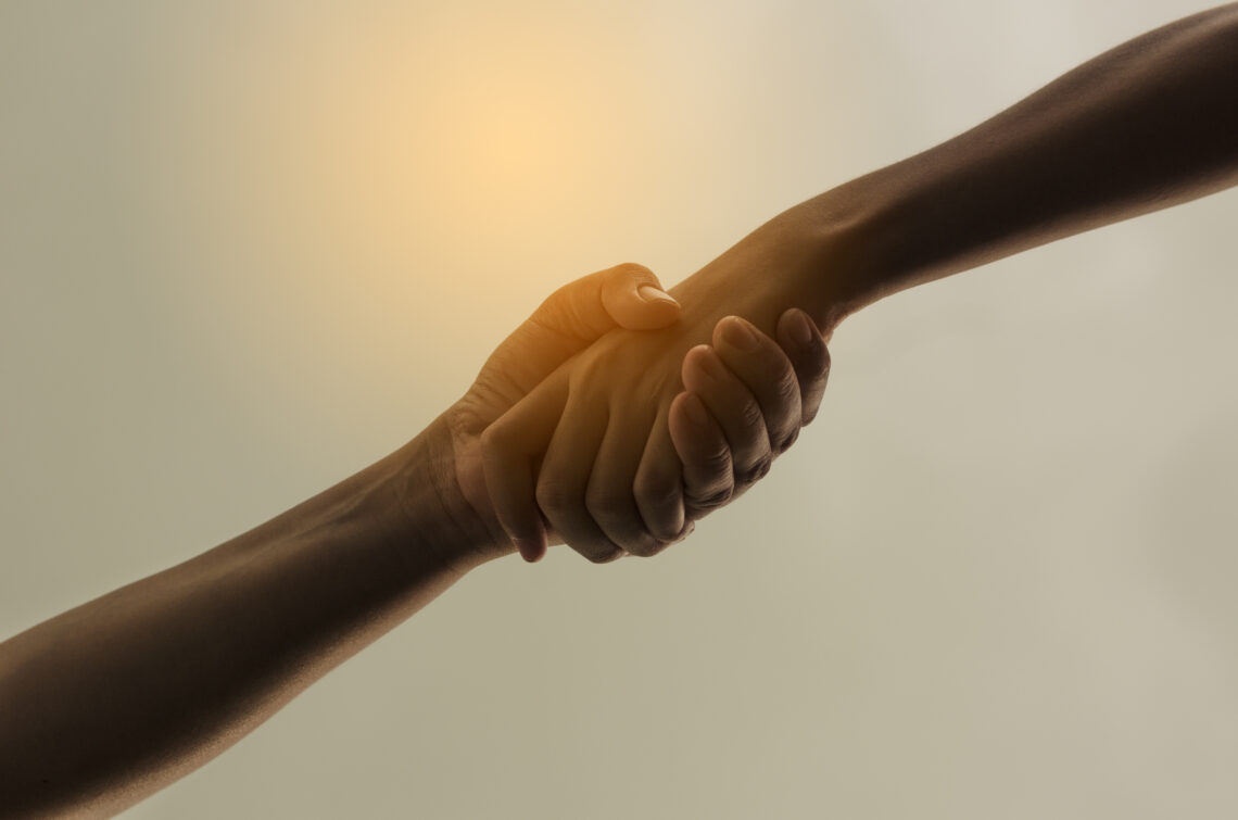 Handshake isolated on light nature background