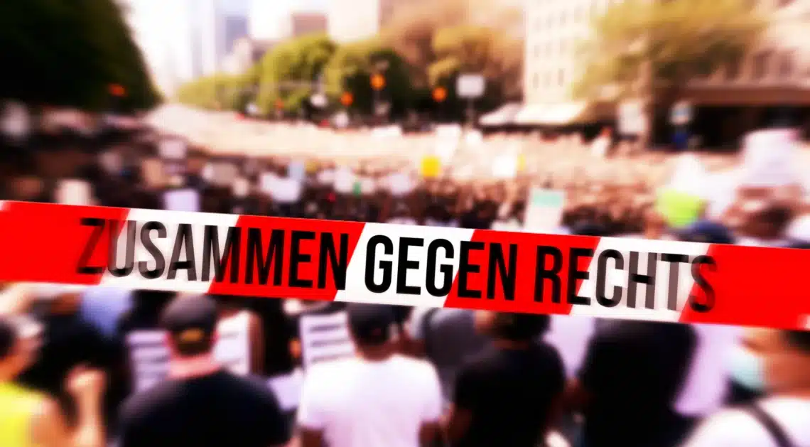Rood-wit lint in demonstratie met de Duitse tekst 'Zusammen gegen Rechts'